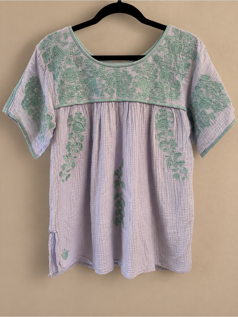 Lavender Cotton Gauze Embroidered Peasant Tunic with Mint Green Accents